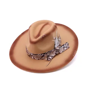 Classic western wide brim cowboy hat with snakeskin band and feather detail in tan