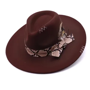 Classic brown western cowboy hat with snakeskin band and feather accent