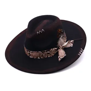 Wide brim black cowboy hat with snakeskin band and feather accent, western style