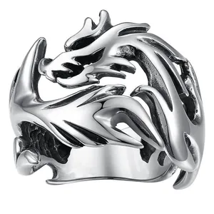 Intricate Chinese style dragon pattern silver ring with wide band design