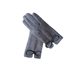 Elegante graue Wollhandschuhe für Damen mit Schleife und Ährenstickerei