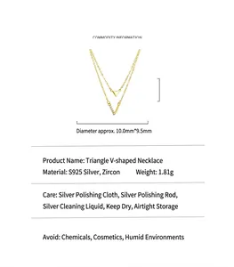 Detail view of S925 sterling silver V-shaped double layer necklace with triangle