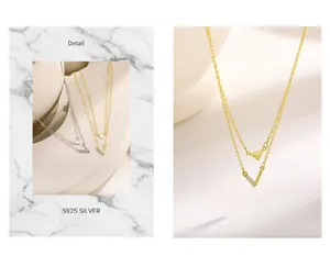 Detailed macro view of an S925 sterling silver V-shaped and triangle double-layer necklace