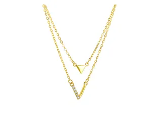 Detailed view of S925 silver double-layer necklace with triangle and V pendants.