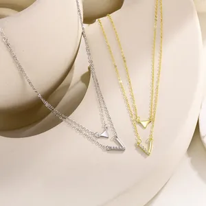 S925 sterling silver V-shaped double layer necklace with geometric triangle and crystals