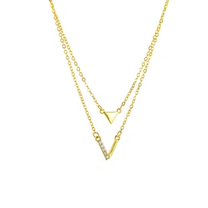 Elegant S925 sterling silver layered necklace with V and geometric triangle pendants
