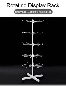 Detailed view of white 5-tier rotating display rack with movable caster wheels