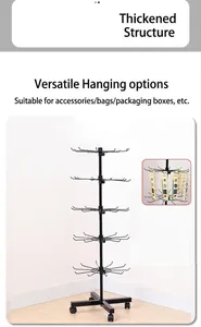 Detail view of a 5-tier black rotating display rack with mobile wheel base.