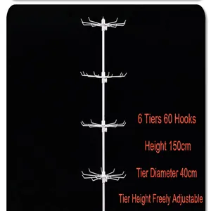 Professional 6-tier rotating floor display rack with 60 hooks and adjustable height