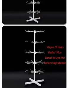 5-tier rotating white metal display rack with 50 hooks and wheels, total height 150cm.