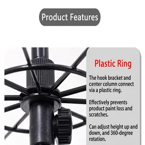 Macro view of the plastic ring connector on a 360-degree rotating display rack.