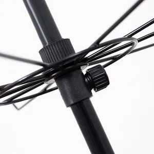 Close-up detail of the central rotating hub on a black metal display stand rack