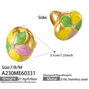 Detailed view of colorful enamel flower petal ring in 316L stainless steel with specs
