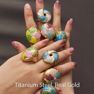 Exaggerated Stainless Steel Enamel Flower Ring For Women Vintage Elegant Colorful Petal Inlaid Rhinestone Statement Jewelry Gift