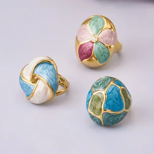 Elegant exaggerated vintage stainless steel colorful enamel floral rings with zircon inlay