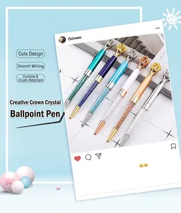 Elegant metal crown ballpoint pens with crystal filled barrels set in assorted colors