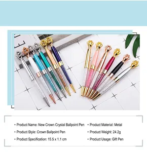 Detailed product specifications for luxury metal crown crystal ballpoint pens in vibrant colors.