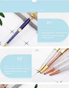 Detailed view of luxury crown crystal ballpoint pen with metal barrel and gold accents