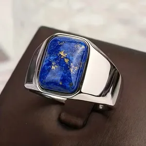 Vintage Herrenring mit geometrischem Quadrat und blauem Natur-Lapislazuli-Stein