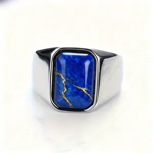 Vintage Herrenring mit quadratischem Lapislazuli und Naturstein-Textur in Silber