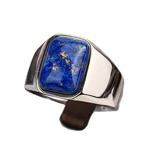 Klassischer Herrenring mit quadratischem Lapislazuli-Stein in silbernem Edelstahl