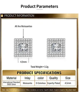 Detailed product specifications for square moissanite stud earrings in S925 silver.