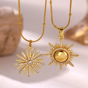 18K Gold Plated Copper Zirconia Sun Starburst Pendant Necklace Micro Pave Light Luxury Elegant Choker For Women Party Jewelry