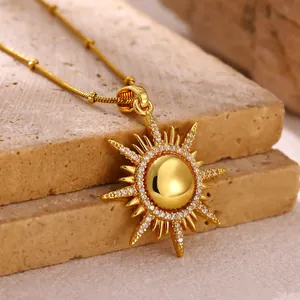 Elegant 18K gold plated copper sun starburst pendant necklace with micro-pave zircons