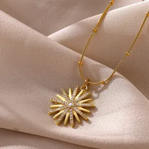 Elegant 18K gold plated sun starburst pendant necklace with micro-pave crystals for women