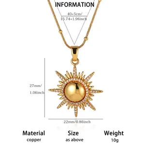 Detailed size diagram of sunburst pendant necklace with measurements in cm and inch