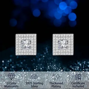 925 Sterling Silver Geometric Square Stud Earrings D Color Moissanite Zirconia Inlaid Luxury Jewelry For Women Wedding Anniversary Gift