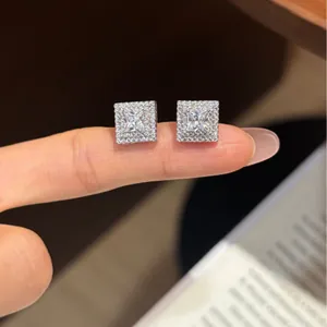 Elegant silver-tone geometric square zircon stud earrings with a sparkling double halo design