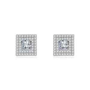 Elegant square cubic zirconia halo stud earrings with brilliant silver-tone finish