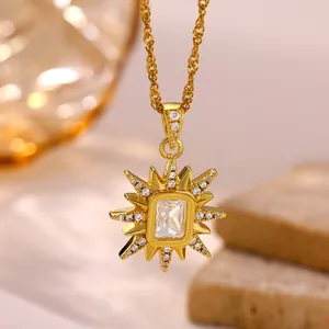 Close-up of 18K gold plated sun starburst pendant necklace with micro-pave crystals