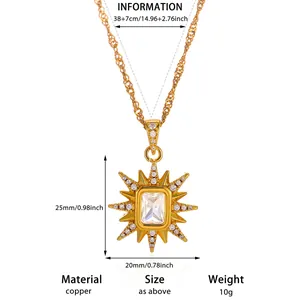 Detailed size specifications for 18K gold plated sunburst pendant necklace with crystals