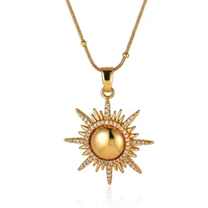 Elegant 18K gold plated sunburst starburst pendant necklace with cubic zirconia pave