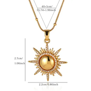 Macro view of 18K gold plated sunburst necklace with micro-paved rhinestone details