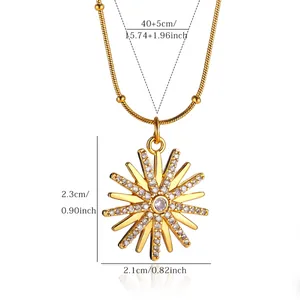 Macro detail of 18K gold plated sunburst pendant necklace with dimension markings