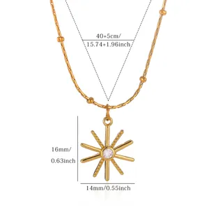 Detail view showing dimensions of a sunburst pendant necklace in 18K gold plating