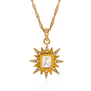 Detailed view of the 18K gold-plated sunburst pendant with a clear rectangular stone