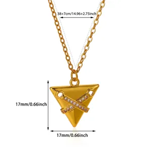 Detailed view of 18K gold plated triangle pendant necklace with dimension markings