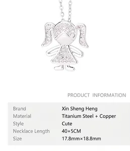 Detailed view of silver cartoon girl pendant with rhinestone pavé and size specs