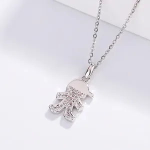Cute cartoon boy pendant necklace in silver titanium steel encrusted with pink crystals
