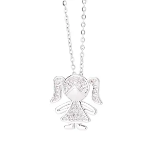 Cute cartoon girl pendant necklace in titanium steel with shimmering stones