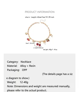 Detailed product specification for a sweet fruit charm necklace with cherry and palm motifs.