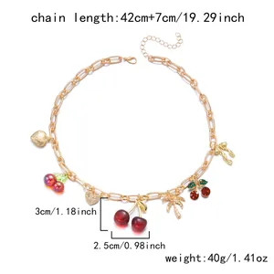 Detailed size specifications for a gold cherry and palm tree charm necklace with chain length