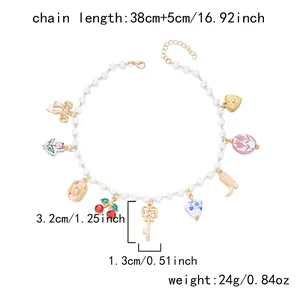 Detailed view of pearl necklace with multi-charms showing length and weight specs