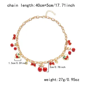Detail of gold cherry and heart pendant necklace with dimensions and weight