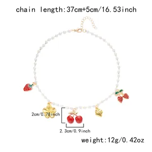 Sweet pearl necklace with cherry and strawberry pendants showing product dimensions