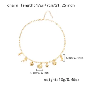 Detail view showing dimensions and weight of the gold multi-charm pendant necklace.